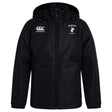 The EMB Canterbury Northeastern University Men's Rugby Club Vaposhield Stadium Jacket features a black hood, front zipper, padded insulation, Canterbury logo on the right chest, and Northeastern Men's Rugby logo on the left chest.