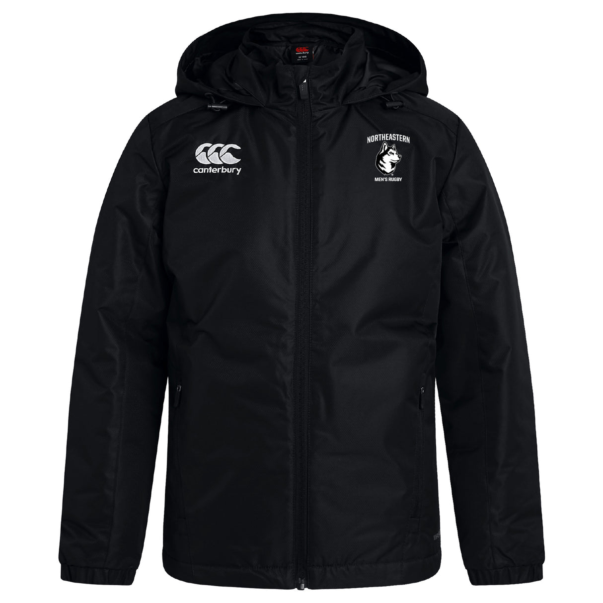 The EMB Canterbury Northeastern University Men's Rugby Club Vaposhield Stadium Jacket features a black hood, front zipper, padded insulation, Canterbury logo on the right chest, and Northeastern Men's Rugby logo on the left chest.
