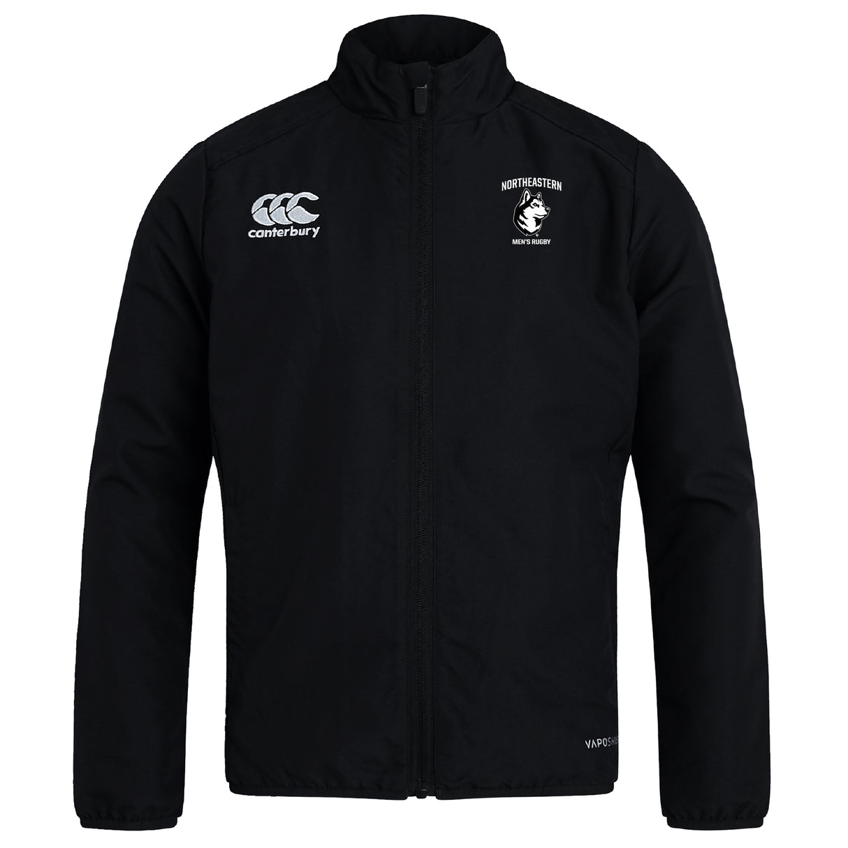 The Northeastern University Men's Rugby Club Track Jacket by EMB Canterbury features long sleeves, a lightweight tracksuit feel, and Canterbury and Northeastern logos on the chest.