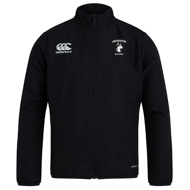 The Northeastern University Men's Rugby Club Track Jacket by EMB Canterbury features long sleeves, a lightweight tracksuit feel, and Canterbury and Northeastern logos on the chest.