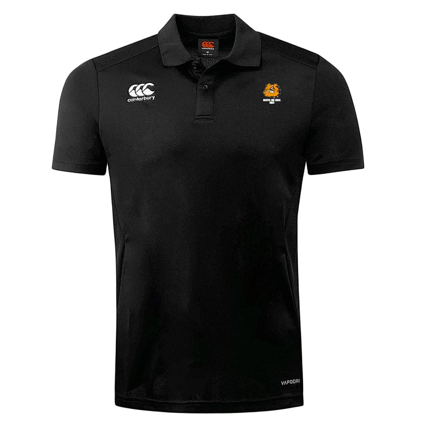 The Brighton High School Club Dry Polo by EMB Canterbury combines a sleek black design with a Canterbury logo and rugby team emblem. Featuring Vapodri Technology, this breathable polo ensures quick-drying performance, ideal for comfort and style in every game.