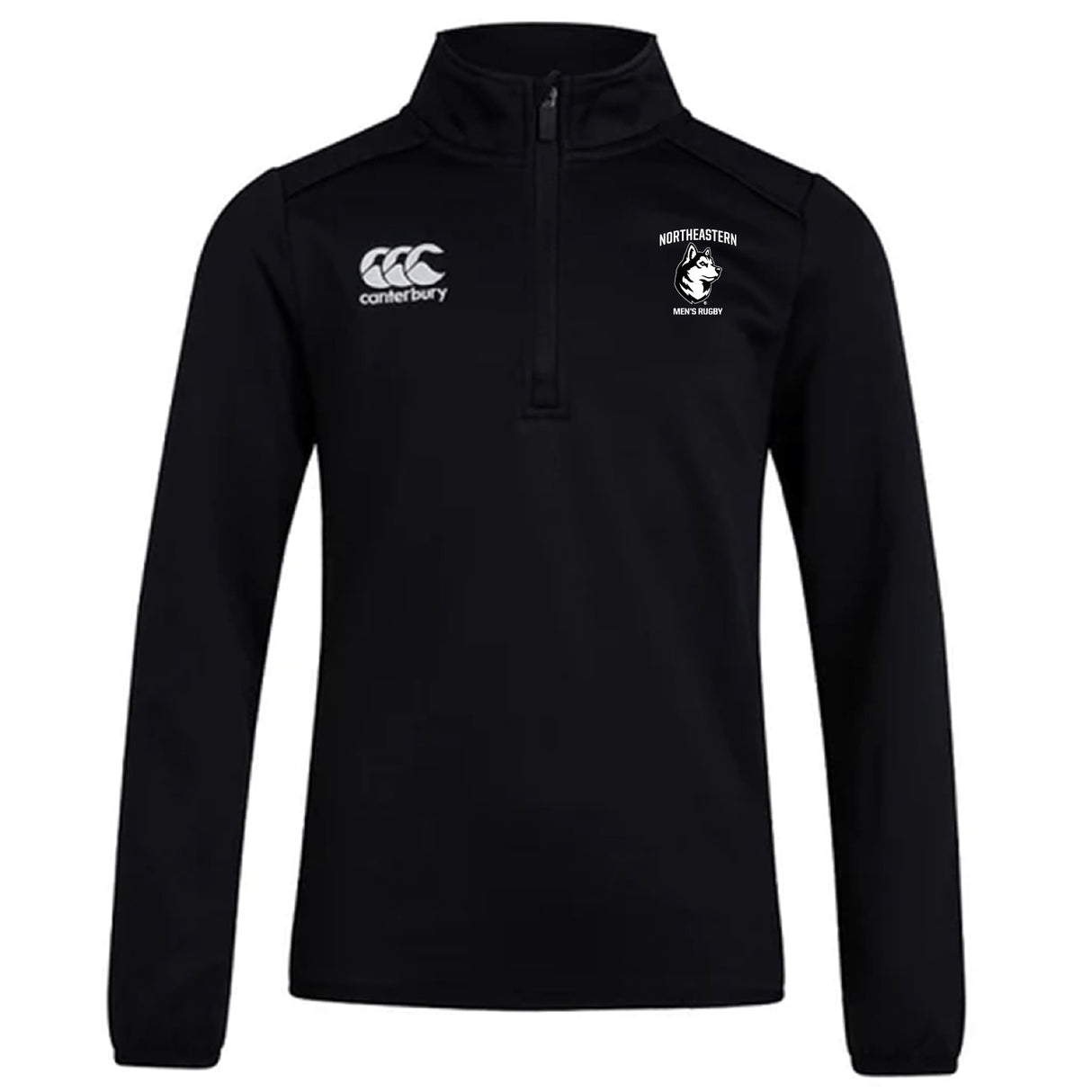 The Northeastern University Men's Rugby Club 1/4 Zip Mid Layer Training Top by EMB Canterbury features a black design with the Canterbury logo on the right chest and team logo on the left—perfect custom sportswear for rugby training.