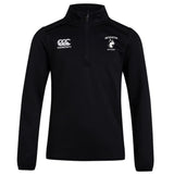 The Northeastern University Men's Rugby Club 1/4 Zip Mid Layer Training Top by EMB Canterbury features a black design with the Canterbury logo on the right chest and team logo on the left—perfect custom sportswear for rugby training.