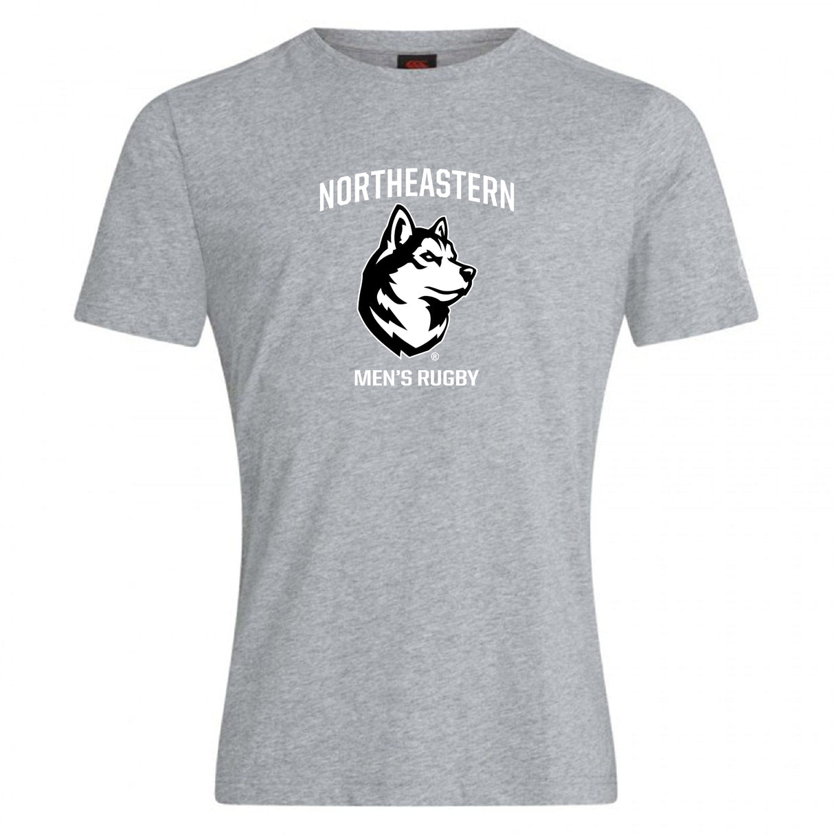 The Northeastern University Men's Rugby Club Plain Tee by WRS Canterbury features "NORTHEASTERN" above a husky head and "MEN'S RUGBY" below in white text on a gray cotton blend.