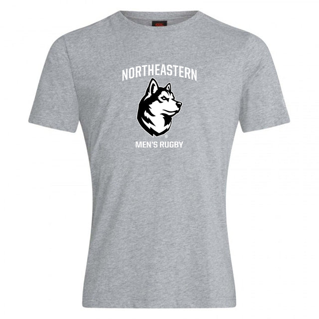 The Northeastern University Men's Rugby Club Plain Tee by WRS Canterbury features "NORTHEASTERN" above a husky head and "MEN'S RUGBY" below in white text on a gray cotton blend.