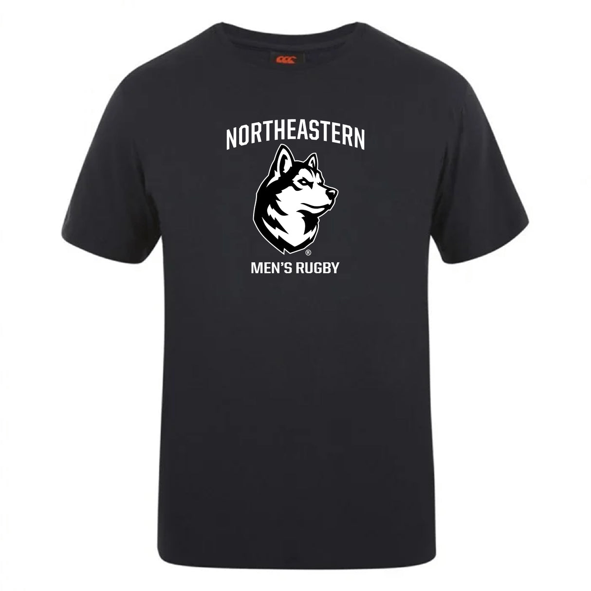 The Northeastern University Men's Rugby Club Plain Tee by WRS Canterbury is a black cotton blend shirt with "Northeastern Men's Rugby" and a white husky logo printed on the chest.