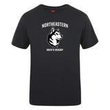 The Northeastern University Men's Rugby Club Plain Tee by WRS Canterbury is a black cotton blend shirt with "Northeastern Men's Rugby" and a white husky logo printed on the chest.