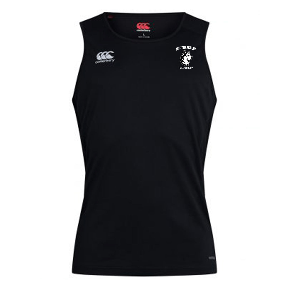 The EMB Canterbury Northeastern University Men's Rugby Club Dry Singlet features Vapodri Technology for comfort, with the Club Dry logo on the right chest and Northeastern Rowing logo on the left—perfect for athletic wear.