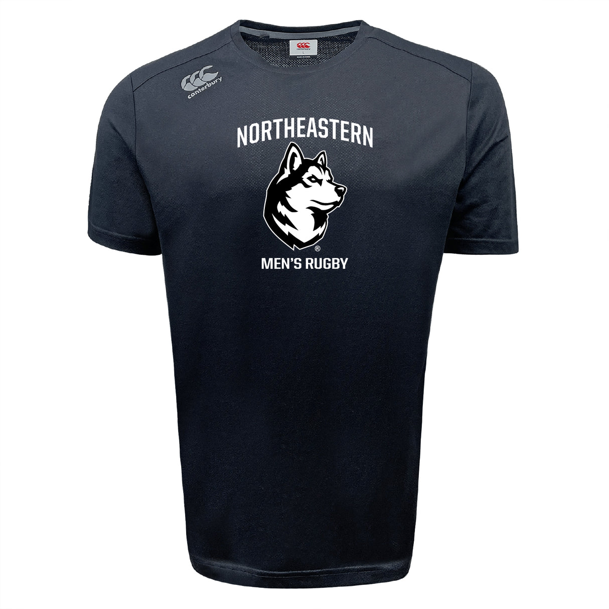 The Northeastern University Men's Rugby Tempo Vapodri T-Shirt by WRS Canterbury features "NORTHEASTERN MEN'S RUGBY" and a husky graphic on the front, plus a Canterbury logo. This black athletic tee is moisture-wicking—ideal for training or casual wear.
