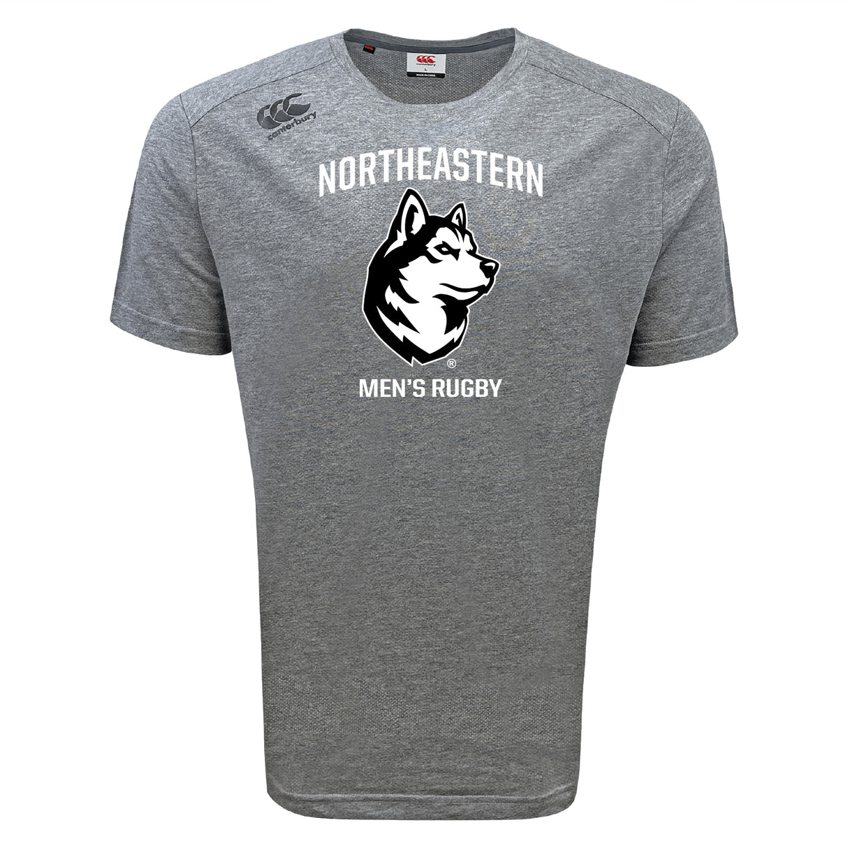 The WRS Canterbury Northeastern University Men's Rugby Tempo Vapodri T-Shirt features "Northeastern Men's Rugby" and a husky dog logo on the front; this moisture-wicking tee ensures comfort during intense play.