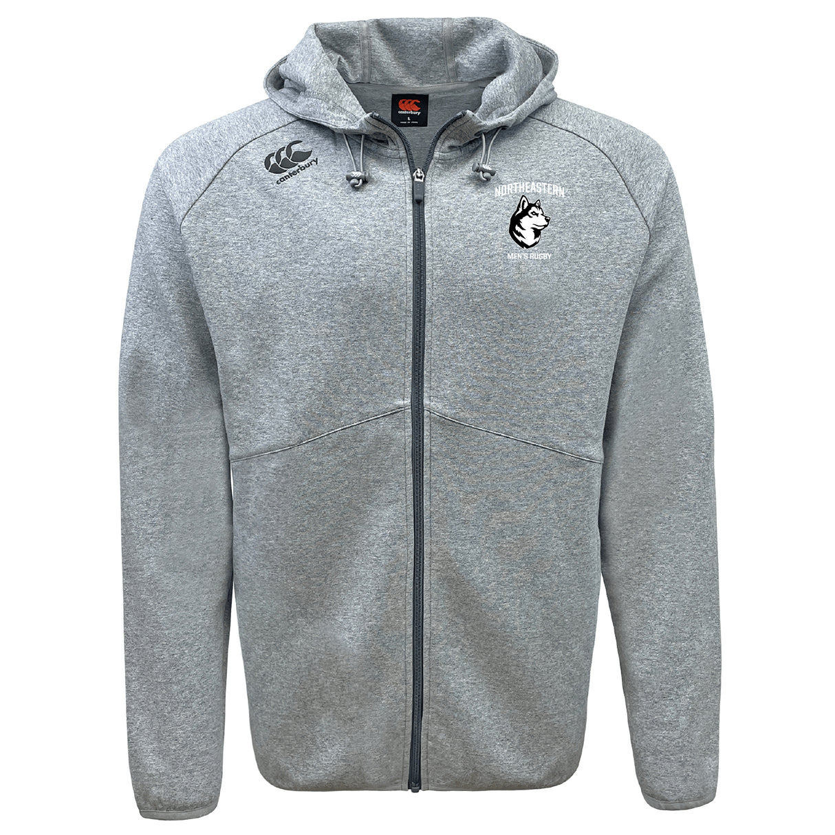 The EMB Canterbury Northeastern University Men's Rugby Tempo Vapodri Full-Zip Hoodie features a light grey design with a hood, drawstrings, chest logos, and moisture-wicking fabric for comfort and dryness.