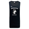 The Northeastern University Men's Rugby Tempo Vapodri Singlet by WRS Canterbury is a black recycled polyester tank, featuring "NORTHEASTERN MEN'S RUGBY" and a husky dog logo printed on the front.