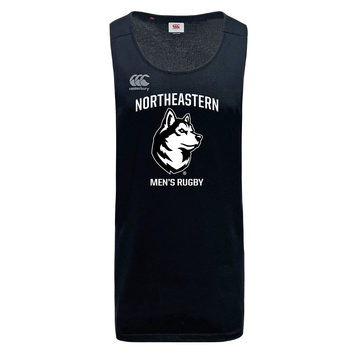 The Northeastern University Men's Rugby Tempo Vapodri Singlet by WRS Canterbury is a black recycled polyester tank, featuring "NORTHEASTERN MEN'S RUGBY" and a husky dog logo printed on the front.