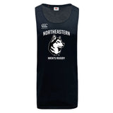 The Northeastern University Men's Rugby Tempo Vapodri Singlet by WRS Canterbury is a black recycled polyester tank, featuring "NORTHEASTERN MEN'S RUGBY" and a husky dog logo printed on the front.