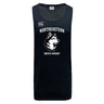 The Northeastern University Men's Rugby Tempo Vapodri Singlet by WRS Canterbury is a black recycled polyester tank, featuring "NORTHEASTERN MEN'S RUGBY" and a husky dog logo printed on the front.