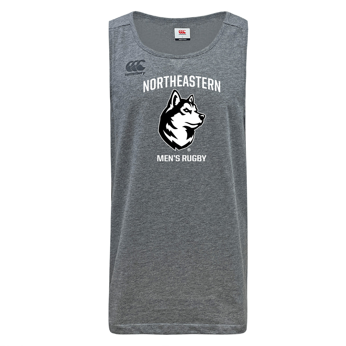 The Northeastern University Men's Rugby Tempo Vapodri Singlet by WRS Canterbury features "NORTHEASTERN MEN'S RUGBY" and a husky logo on gray recycled polyester for comfort and performance.