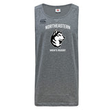 The Northeastern University Men's Rugby Tempo Vapodri Singlet by WRS Canterbury features "NORTHEASTERN MEN'S RUGBY" and a husky logo on gray recycled polyester for comfort and performance.