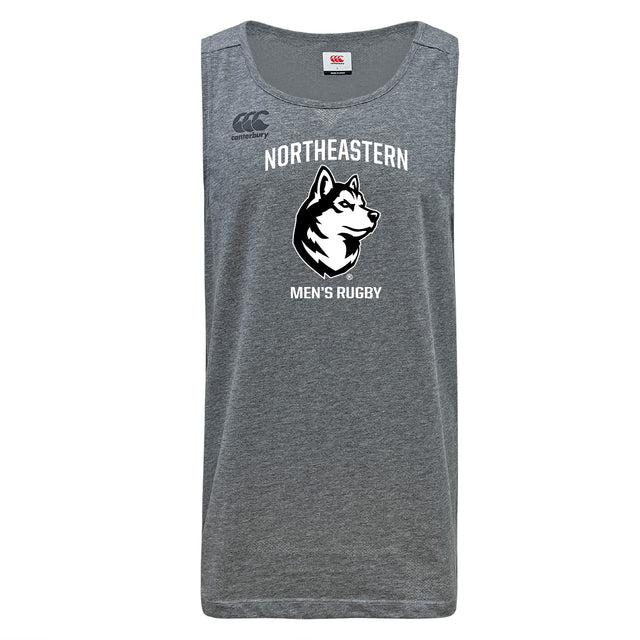 The Northeastern University Men's Rugby Tempo Vapodri Singlet by WRS Canterbury features "NORTHEASTERN MEN'S RUGBY" and a husky logo on gray recycled polyester for comfort and performance.