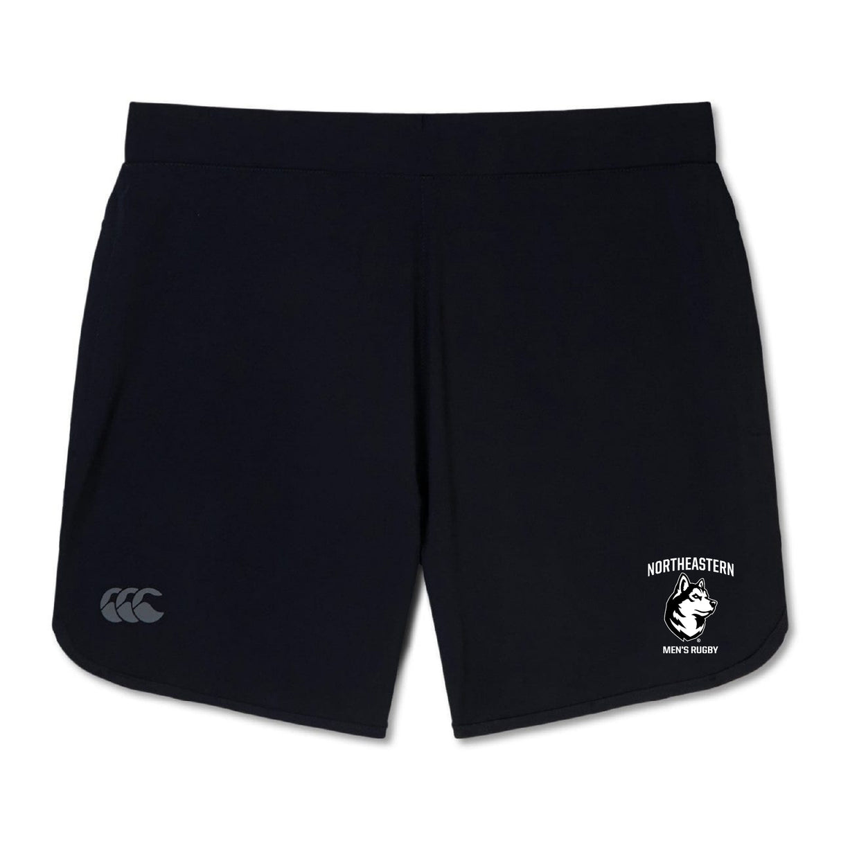 The Northeastern University Men's Rugby Women's Elite Woven Short by EMB Canterbury features the rugby logo and text on the right leg, Canterbury logo on the left, and zippered pockets for secure storage.
