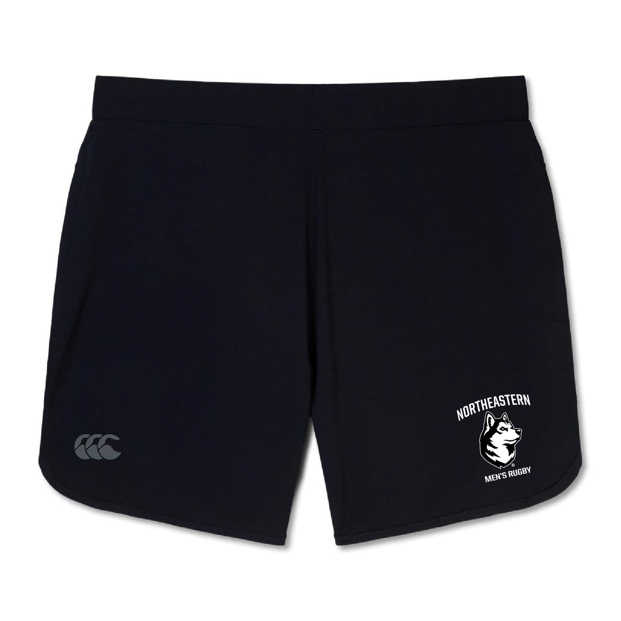 The Northeastern University Men's Rugby Elite Woven Short by EMB Canterbury features a white rugby logo on the right leg, a small Canterbury logo on the left, and zippered pockets—ideal gym shorts for comfort and style.