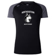 The Northeastern University Men's Rugby Women's Elite Training Tee by WRS Canterbury features "NORTHEASTERN MEN'S RUGBY" and a husky graphic on a black, gray-sleeved shirt with breathable, quick-drying fabric for comfort.