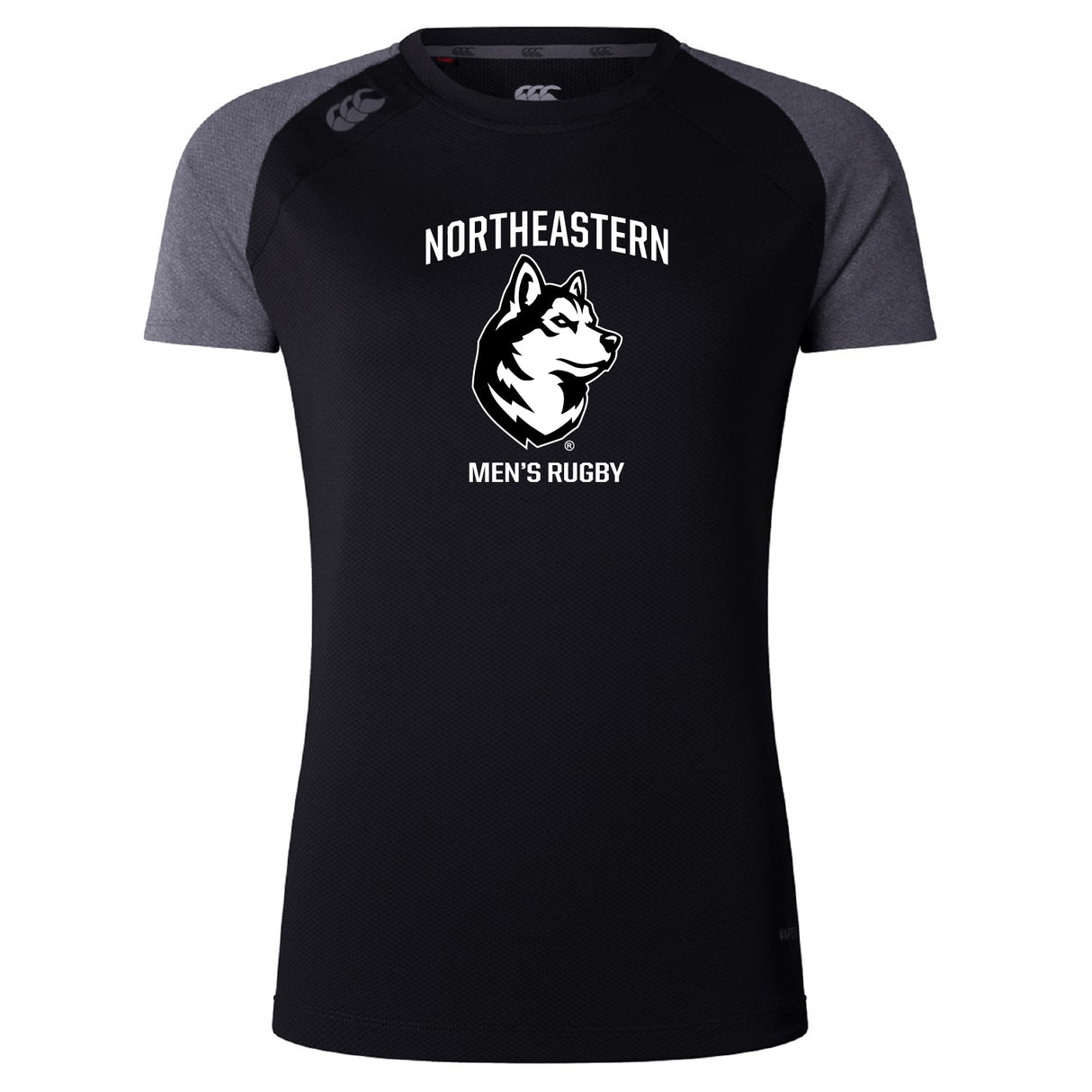 The Northeastern University Men's Rugby Women's Elite Training Tee by WRS Canterbury features "NORTHEASTERN MEN'S RUGBY" and a husky graphic on a black, gray-sleeved shirt with breathable, quick-drying fabric for comfort.