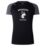 The Northeastern University Men's Rugby Women's Elite Training Tee by WRS Canterbury features "NORTHEASTERN MEN'S RUGBY" and a husky graphic on a black, gray-sleeved shirt with breathable, quick-drying fabric for comfort.