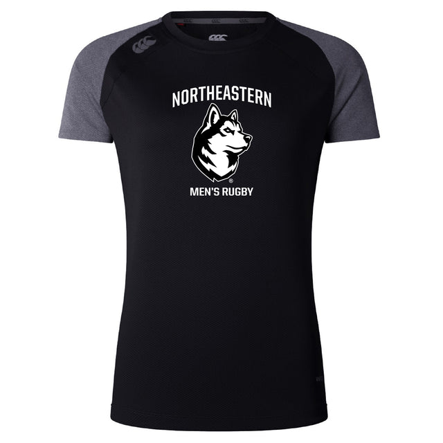 The Northeastern University Men's Rugby Women's Elite Training Tee by WRS Canterbury features "NORTHEASTERN MEN'S RUGBY" and a husky graphic on a black, gray-sleeved shirt with breathable, quick-drying fabric for comfort.