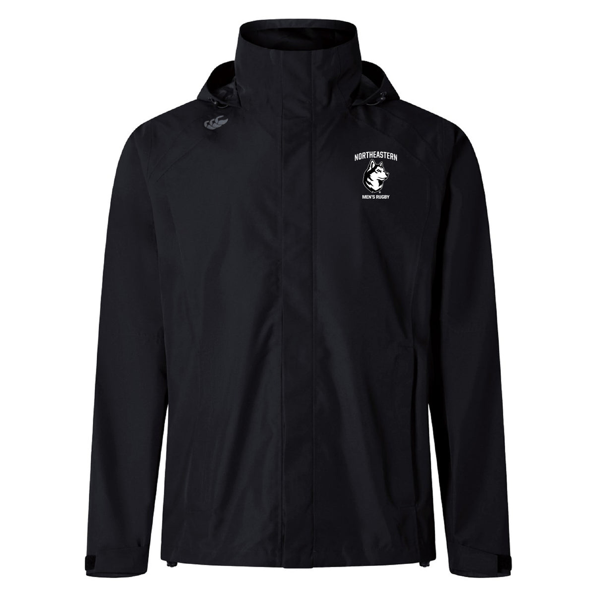 Stay dry in the EMB Canterbury Northeastern University Men's Rugby Elite Storm Jacket, a black breathable rain jacket with a hood, white team logo on the left chest, and Canterbury logo on the right shoulder.