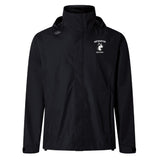 Stay dry in the EMB Canterbury Northeastern University Men's Rugby Elite Storm Jacket, a black breathable rain jacket with a hood, white team logo on the left chest, and Canterbury logo on the right shoulder.