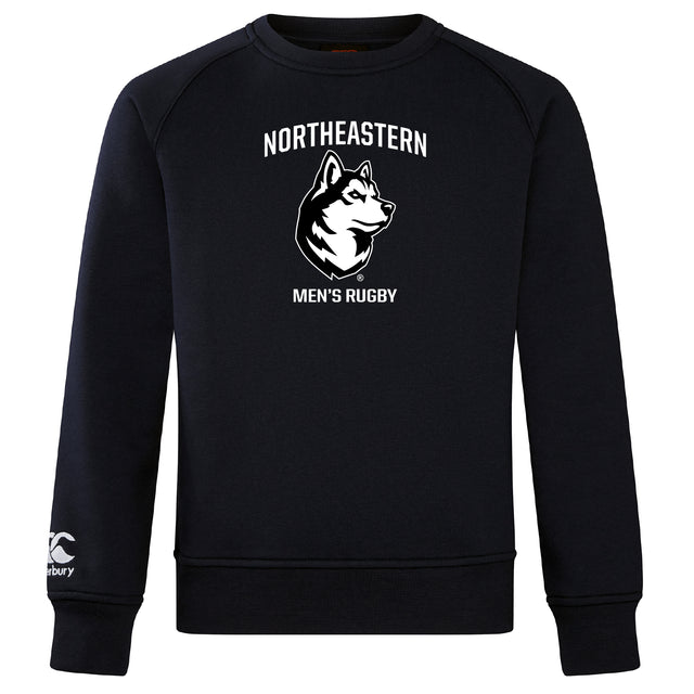 The Northeastern University Men's Rugby Club Crew Sweatshirt by WRS Canterbury is an ultra soft black crew with "NORTHEASTERN MEN'S RUGBY," a husky dog logo on the front, and an embroidered CCC logo on the left sleeve.