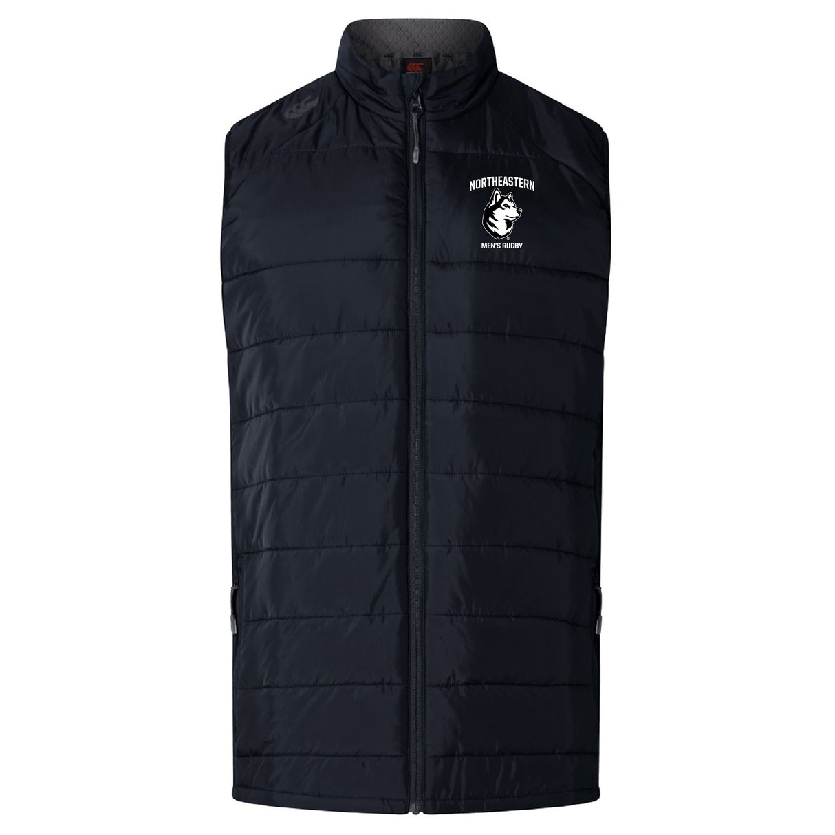 The Northeastern University Men's Rugby Elite Microlite Gilet by EMB Canterbury features a black design, zip front, Thermoreg fleece for warmth, and the team logo on the left chest.