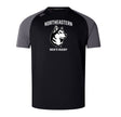 The Northeastern University Men’s Rugby Elite Training Tee by WRS Canterbury is black and gray, features "NORTHEASTERN MEN'S RUGBY" with a husky dog on the front, and is made from lightweight, durable Vapodri fabric for comfortable workouts.