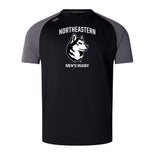The Northeastern University Men’s Rugby Elite Training Tee by WRS Canterbury is black and gray, features "NORTHEASTERN MEN'S RUGBY" with a husky dog on the front, and is made from lightweight, durable Vapodri fabric for comfortable workouts.