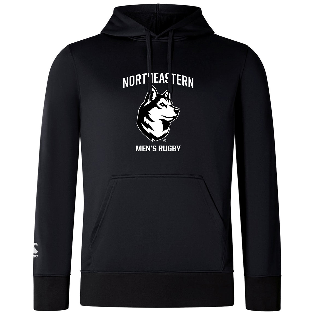 The Northeastern University Men's Rugby Club Lightweight Hoodie by WRS Canterbury is a black hoodie with a kangaroo pocket, featuring a husky logo and "NORTHEASTERN MEN'S RUGBY" in white on the chest—ideal for club supporters.