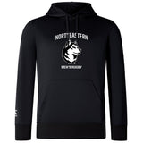 The Northeastern University Men's Rugby Club Lightweight Hoodie by WRS Canterbury is a black hoodie with a kangaroo pocket, featuring a husky logo and "NORTHEASTERN MEN'S RUGBY" in white on the chest—ideal for club supporters.