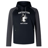 The Northeastern University Men's Rugby Elite Training Hoody by WRS Canterbury features black and gray colors, "NORTHEASTERN MEN'S RUGBY" with a husky logo on the front, and is crafted for top performance from premium fabrics.