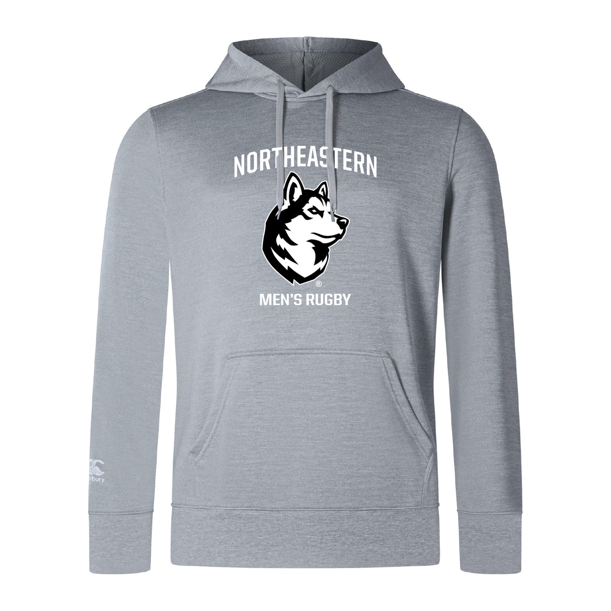 The Northeastern University Men's Rugby Club Lightweight Hoodie by WRS Canterbury features "NORTHEASTERN MEN'S RUGBY," a husky dog head graphic, and a comfy kangaroo pocket on the front.