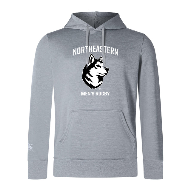 The Northeastern University Men's Rugby Club Lightweight Hoodie by WRS Canterbury features "NORTHEASTERN MEN'S RUGBY," a husky dog head graphic, and a comfy kangaroo pocket on the front.