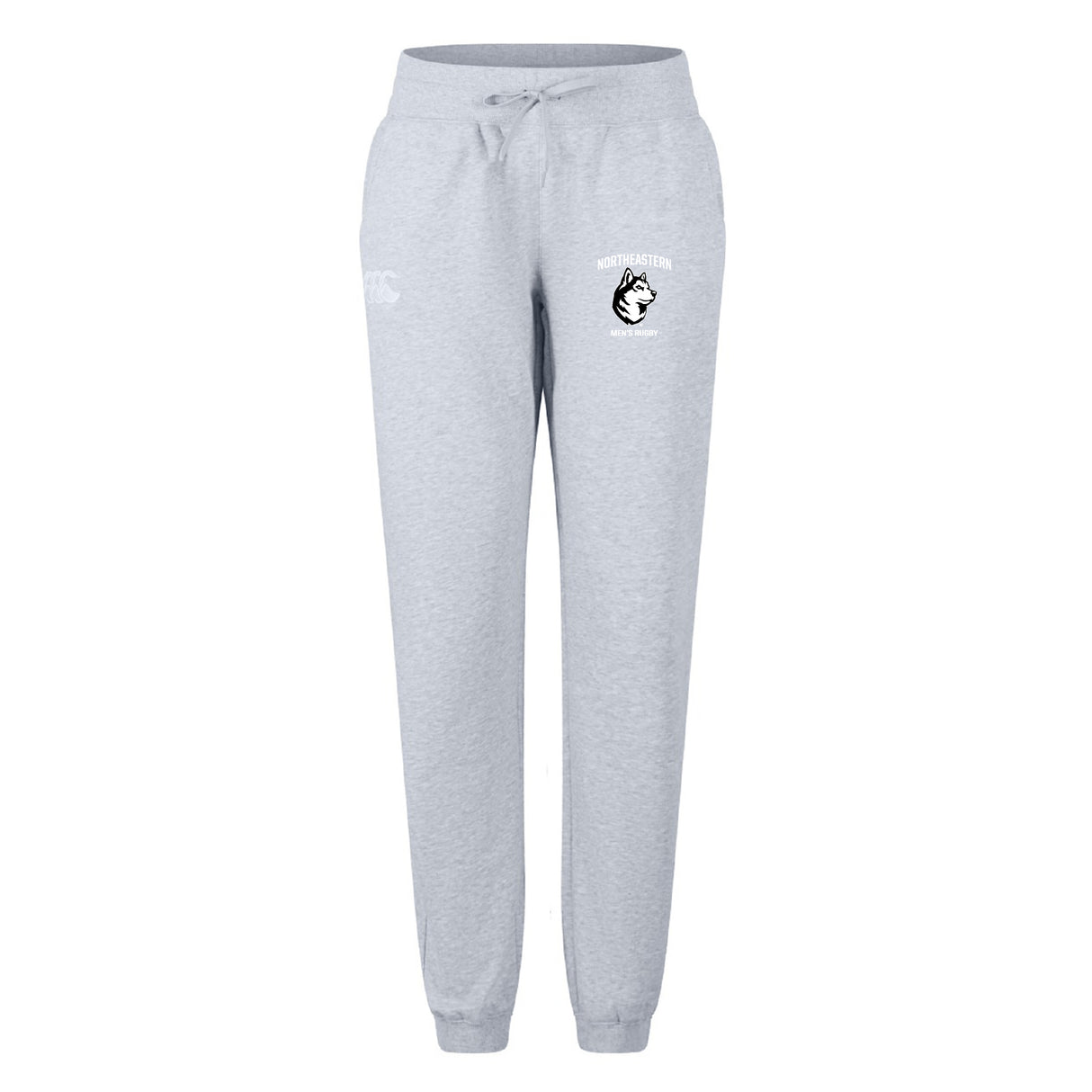 Light gray Northeastern University Men's Rugby Women's Leisure Sweatpant by EMB Canterbury, featuring a drawstring waist, elastic cuffs, and a printed Husky logo on the left thigh.
