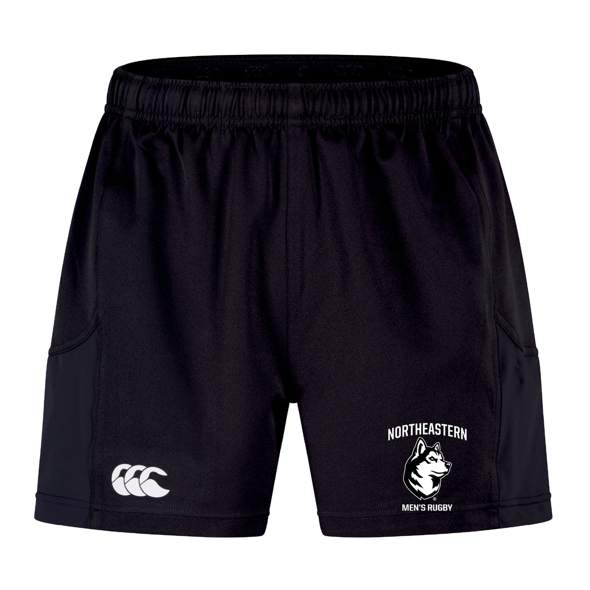 The Northeastern University Men's Rugby Advantage Short 2.0 by EMB Canterbury features an elastic waistband, Canterbury branding, and a husky mascot emblem—ideal for fans of sustainable sportswear.