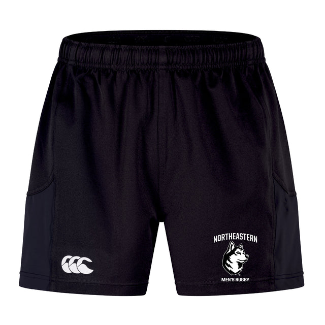 The Northeastern University Men's Rugby Advantage Short 2.0 by EMB Canterbury features an elastic waistband, Canterbury branding, and a husky mascot emblem—ideal for fans of sustainable sportswear.