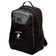 The EMB Canterbury Northeastern University Men's Rugby Medium Backpack is black with gray accents, has a white team logo, mesh side pocket, and a padded laptop compartment for protection.