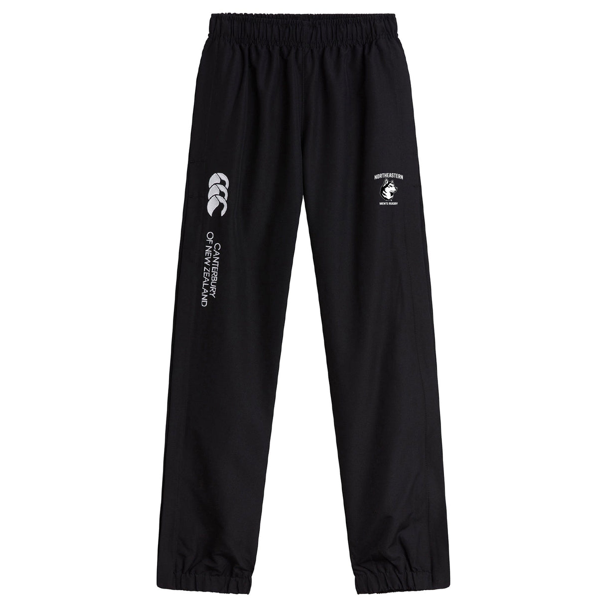 The Northeastern University Men's Rugby Cuffed Hem Stadium Pant by EMB Canterbury features black athletic styling, elastic waist and cuffs, and white logo prints for comfort and style on or off the field.