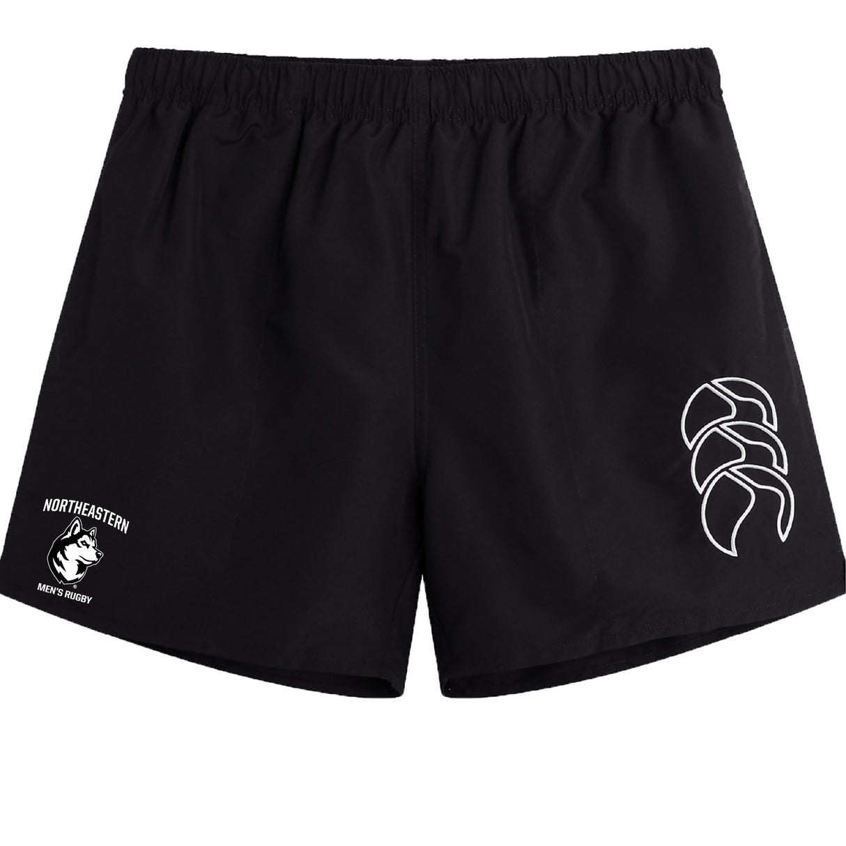 The Northeastern University Men's Rugby Tactic Short by EMB Canterbury features a white claw logo on the right leg and "Northeastern Men's Rugby" with husky mascot on the left—ideal for gym sessions or men's rugby training.