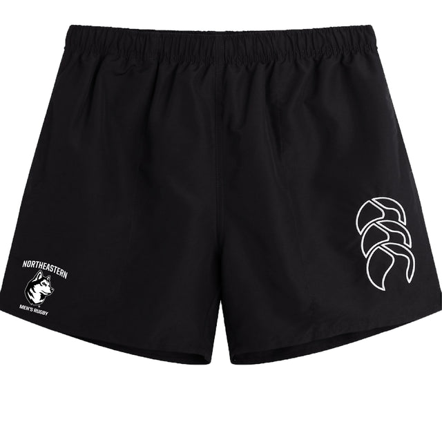 The Northeastern University Men's Rugby Tactic Short by EMB Canterbury features a white claw logo on the right leg and "Northeastern Men's Rugby" with husky mascot on the left—ideal for gym sessions or men's rugby training.