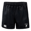 The Northeastern University Men's Rugby Professional Polyester Rugby Short by EMB Canterbury features "NORTHEASTERN MEN'S RUGBY" and a husky logo on the right leg, with a Canterbury brand logo on the left—ideal for training or matches.