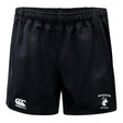 The EMB Canterbury Northeastern University Men's Rugby Advantage Rugby Shorts feature moisture-wicking black fabric, an elastic waistband, the Canterbury logo on the left leg, and "Northeastern Men's Rugby" with a husky logo on the right.