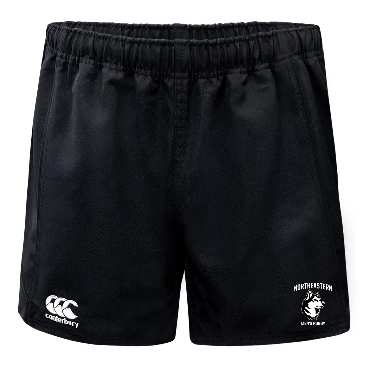The EMB Canterbury Northeastern University Men's Rugby Advantage Rugby Shorts feature moisture-wicking black fabric, an elastic waistband, the Canterbury logo on the left leg, and "Northeastern Men's Rugby" with a husky logo on the right.