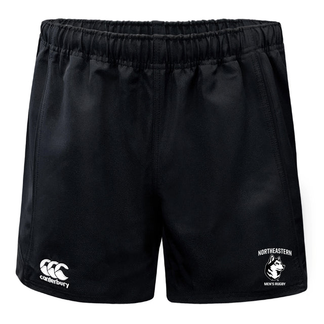 The EMB Canterbury Northeastern University Men's Rugby Advantage Rugby Shorts feature moisture-wicking black fabric, an elastic waistband, the Canterbury logo on the left leg, and "Northeastern Men's Rugby" with a husky logo on the right.